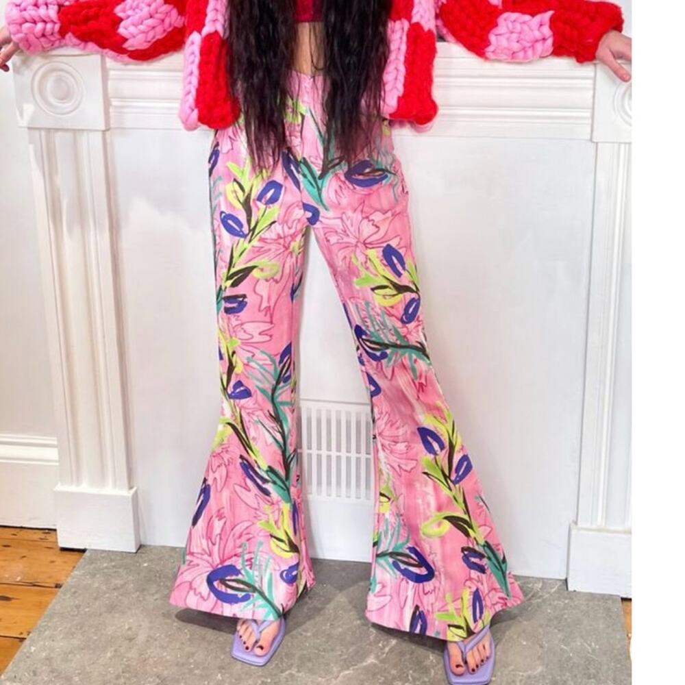 NEW Hope Macaulay Pink Colorful Floral Print Wide Flare Leg Pants